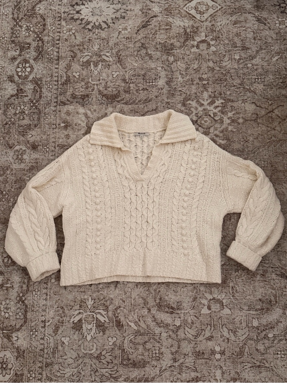Madewell Cream Cable-Knit V-Neck Sweater with Collar